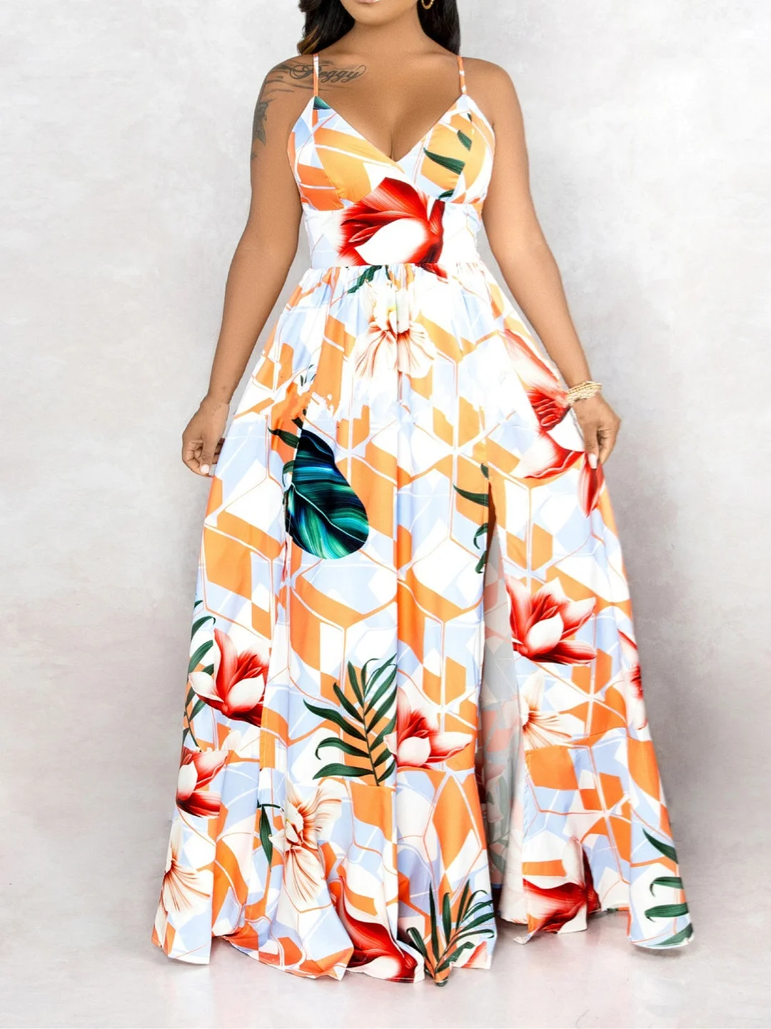 Women's Sleeveless V-neck Floral Printed Maxi Dress