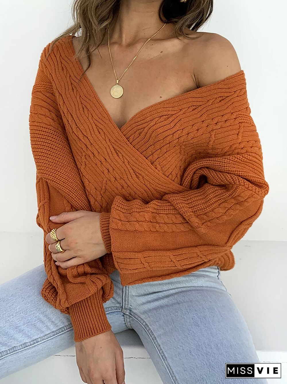 Solid Color V-neck Long Sleeve Sweater