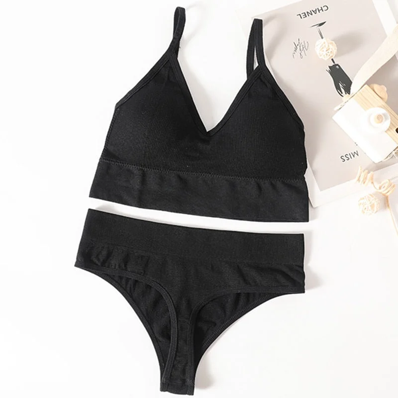 Women Bra Panties Set Sexy G-String Push Up Bra Crop Top Seamless Underwear Fitness Active Bra Top Thongs Female Lingerie Set