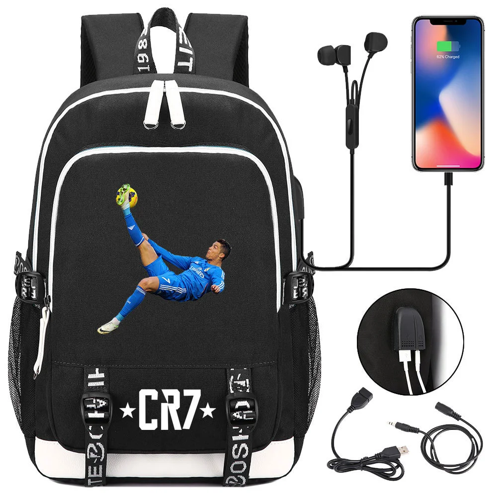 Buzzdaisy Cristiano Ronaldo Printed Backpack with USB Charging Port and Laptop Protection - Multi-Pocket Large Capacity Schoolbag