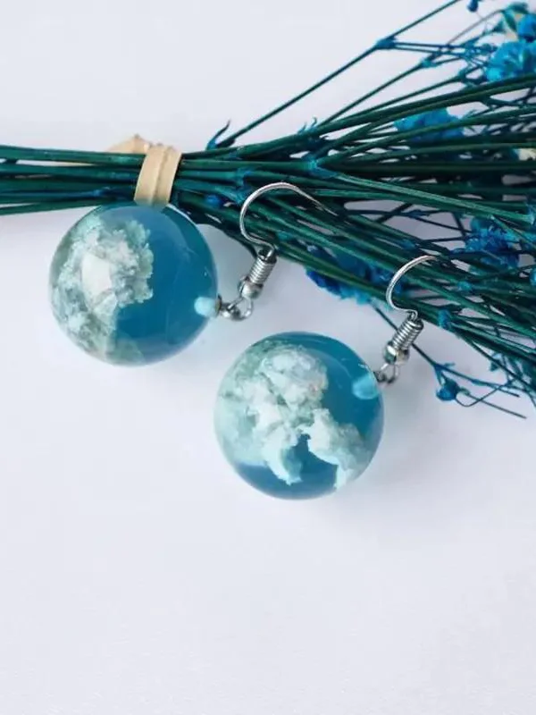 Fashionable Blue Sky And White Cloud Glass Ball Drop Earrings Necklace