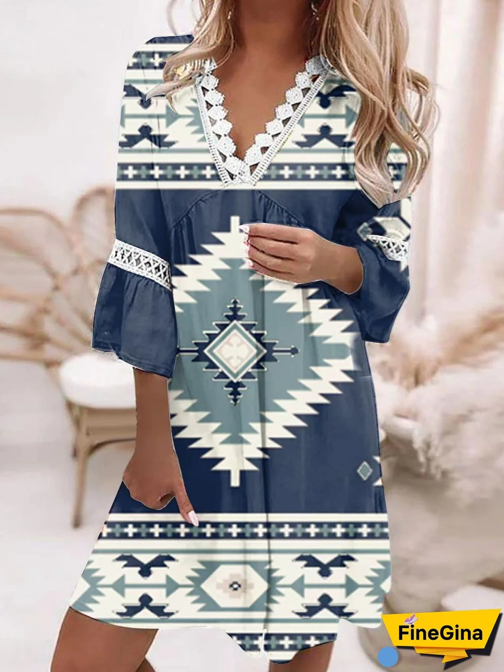 Women's 3/4 Sleeve V Neck Geometric Print Lace Casual Dress