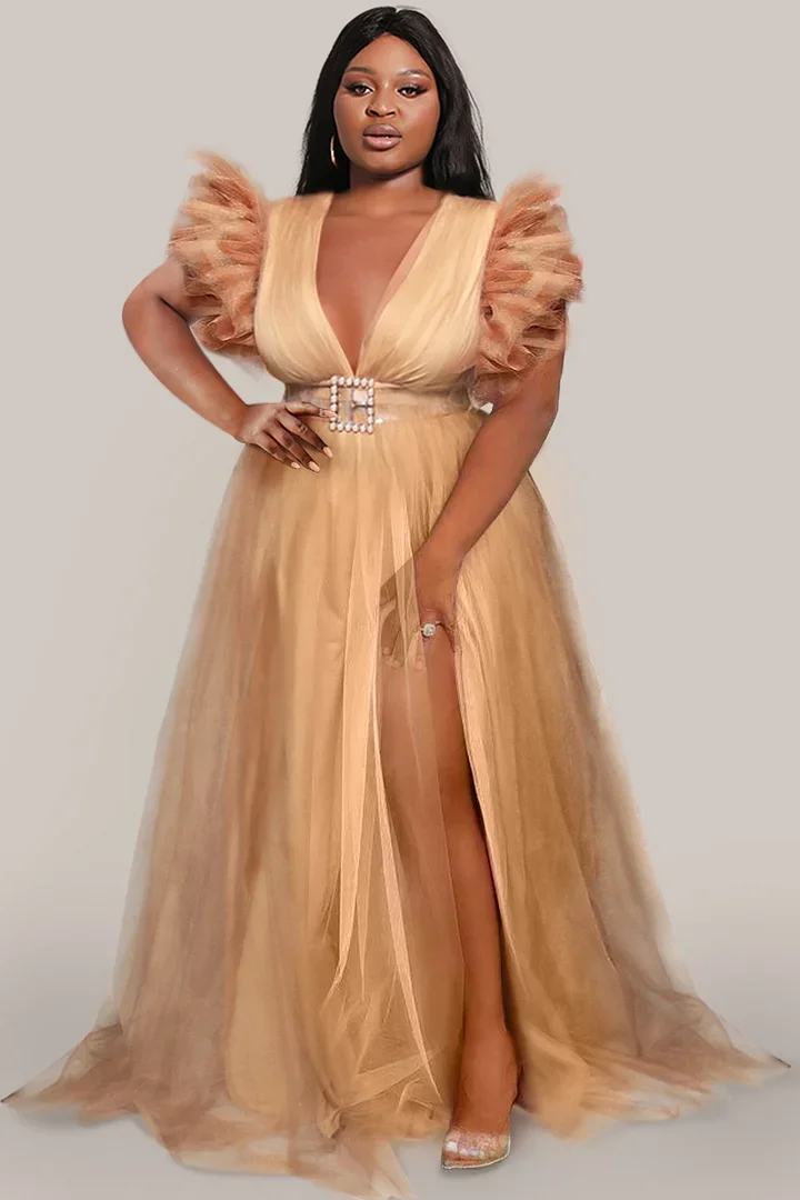 Plus Size Khaki Formal V-neck Ruffle Sleeve Tulle Slit Maxi Dress(No Belt)