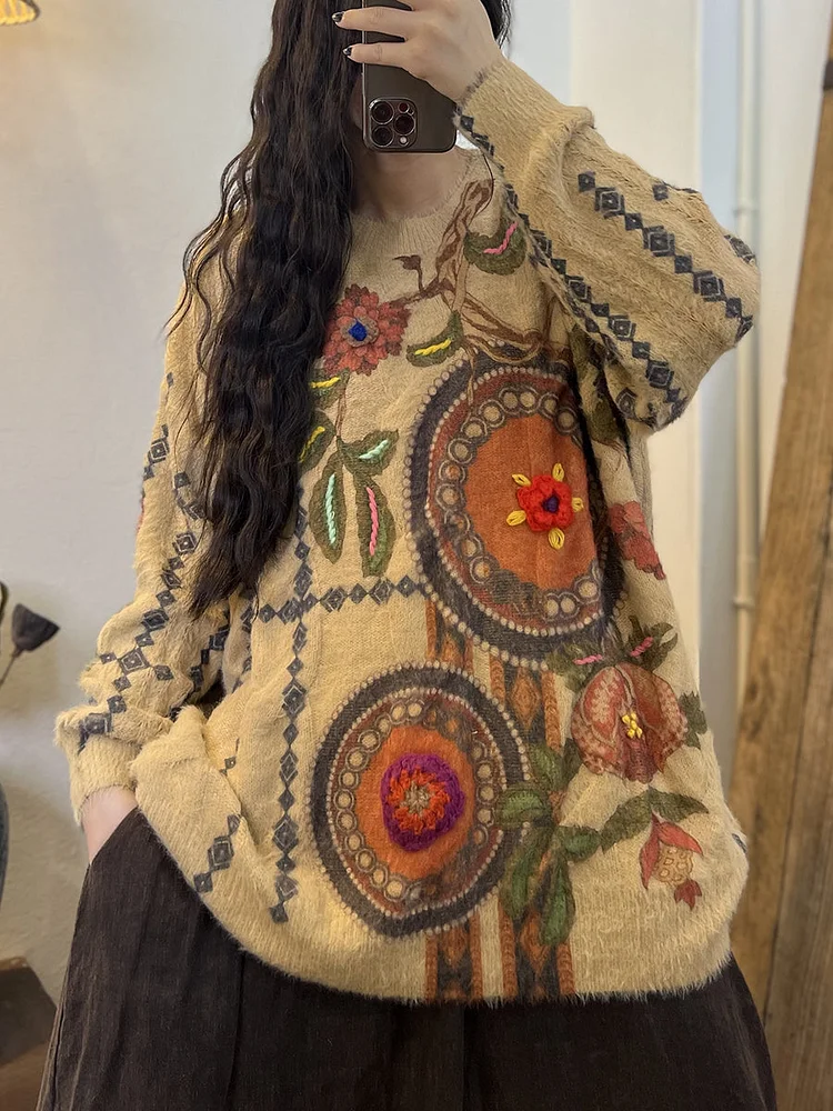Autumn Women Floral Loose Sweater