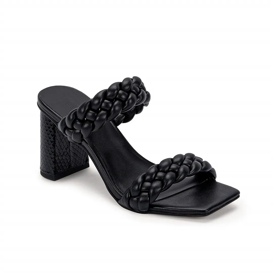 Women's Backless Square Open Toe Block Strappy Braided Heeled Sandals-vocosishoes