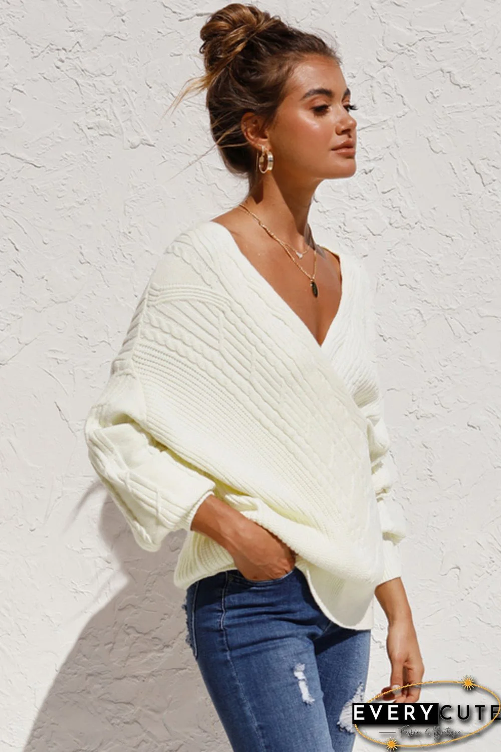 Beige Wrap V Neck Lantern Sleeve Textured Sweater