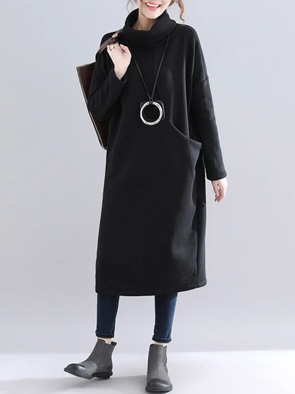 Minimalist Pure Color With Pocket High-Neck Long Sleeves Sweatshirt Dress