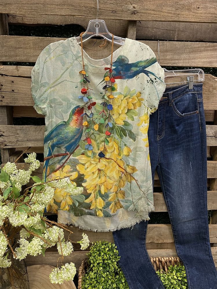 Bird O-neck Print top-Mayoulove