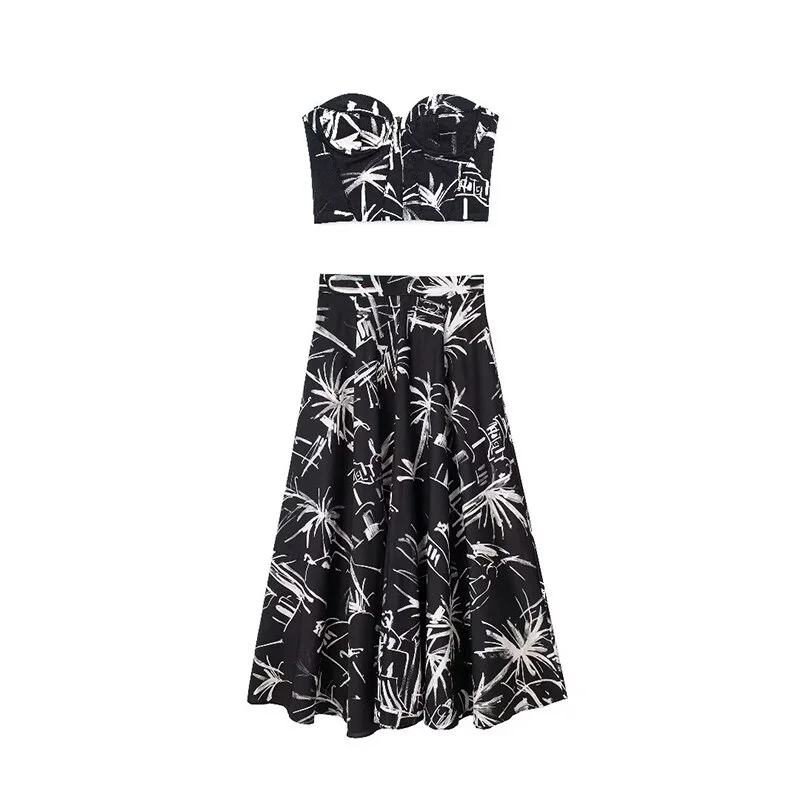 Summer 2023 Women's Sets Off Shoulder Design Print Tight Cropped Tops Cloak Style High Waist Midi Skirts Suit New