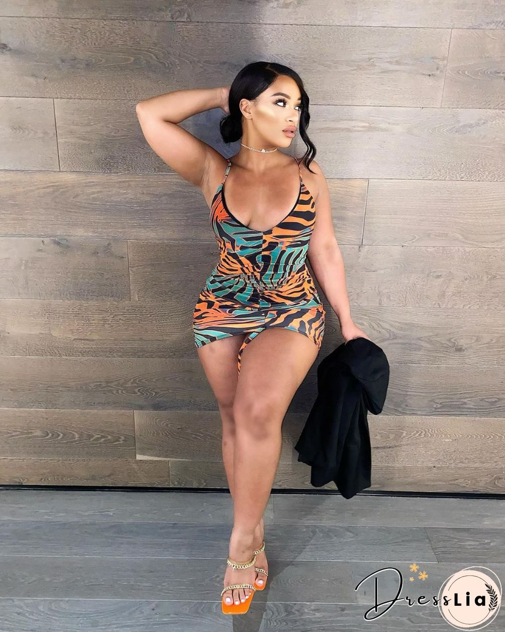 Sexy Printed Sleeveless Drawstring Ruched Bodycon Dress