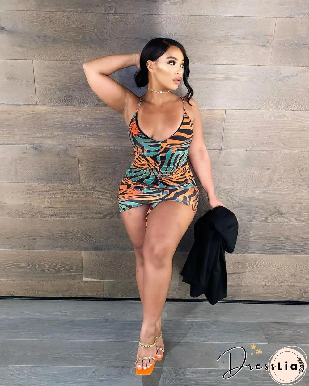 Sexy Printed Sleeveless Drawstring Ruched Bodycon Dress