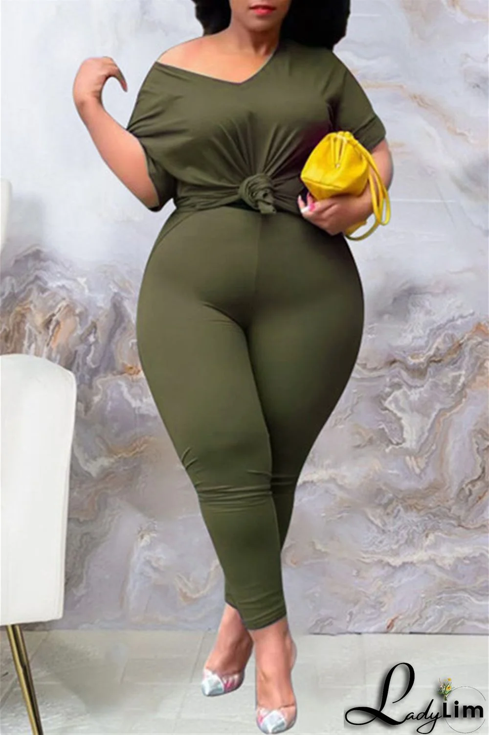 Tibetan Blue Fashion Casual Solid Slit V Neck Plus Size Two Pieces