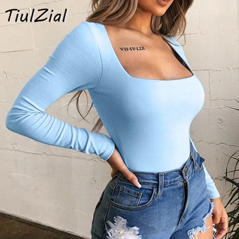 Square Collar Long Sleeve Bodycon Bodysuit For Women Autumn White Women Bodysuit Winter Casual Body Female Top Black