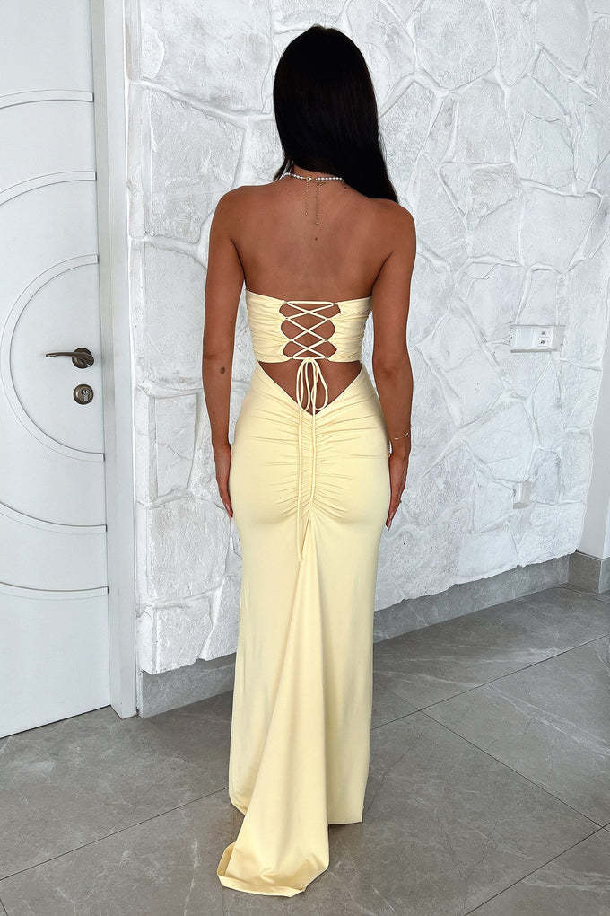 Ootddress Sexy Sleeveless Bodycon Hollow Out Dress For Women Lace Up Pleats Slim Maxi Female Vestidos Elegant Party Evening Dress
