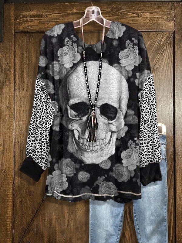 Leopard Vintage Skull Print Sweatshirt Tops Pullover
