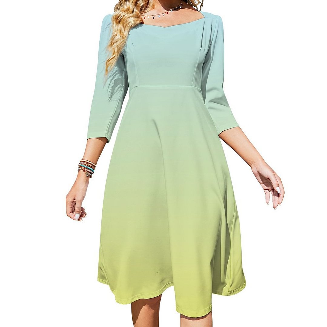 Pastel Blue Green And Yellow Ombre Fade Dress Sweetheart Tie Back Flared 3/4 Sleeve Midi Dresses