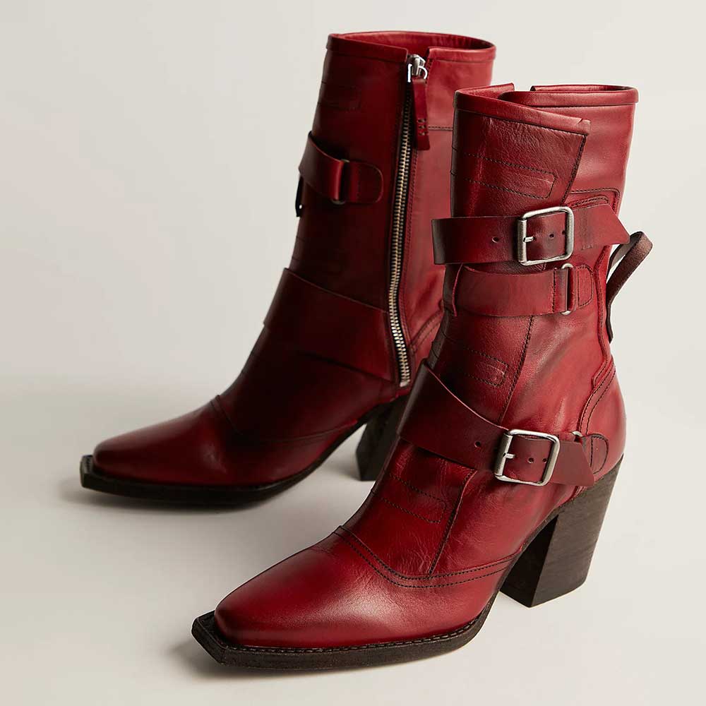 Red Buckle Strap Snip Toe Chunky Heel Ankle Boots with Zipper Nicepairs