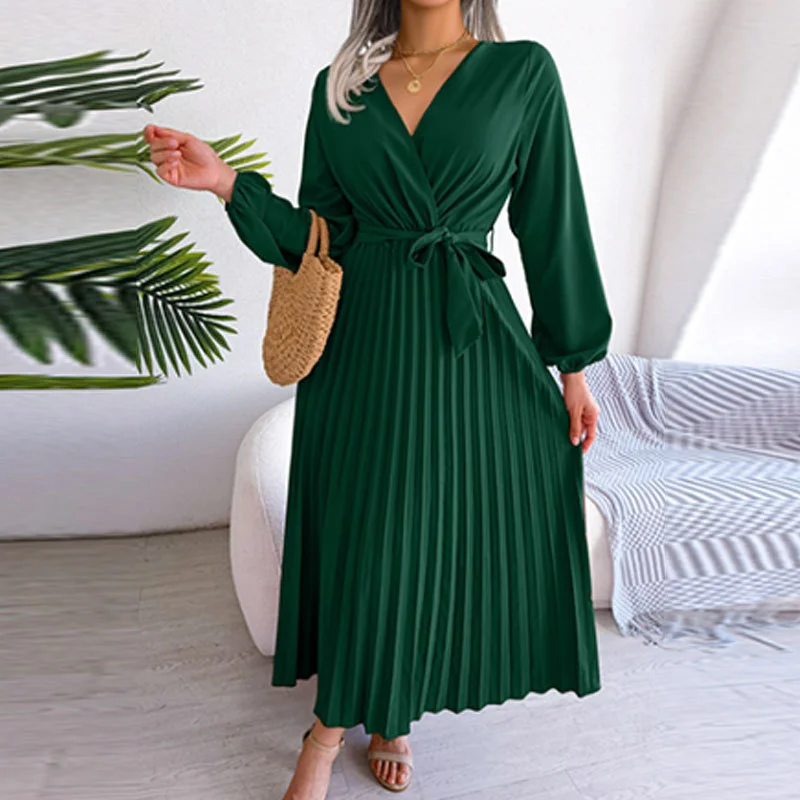 Uveng Uveng 2024 Women's Ins Fashion Elegant Long Temperament V-Neck Beach High-Waisted Dress