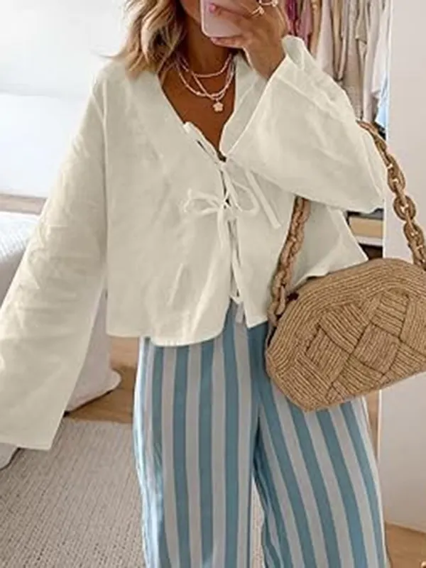 Solid Color Lace-Up V-Neck Blouses&Shirts Tops OFF-WHITE-L