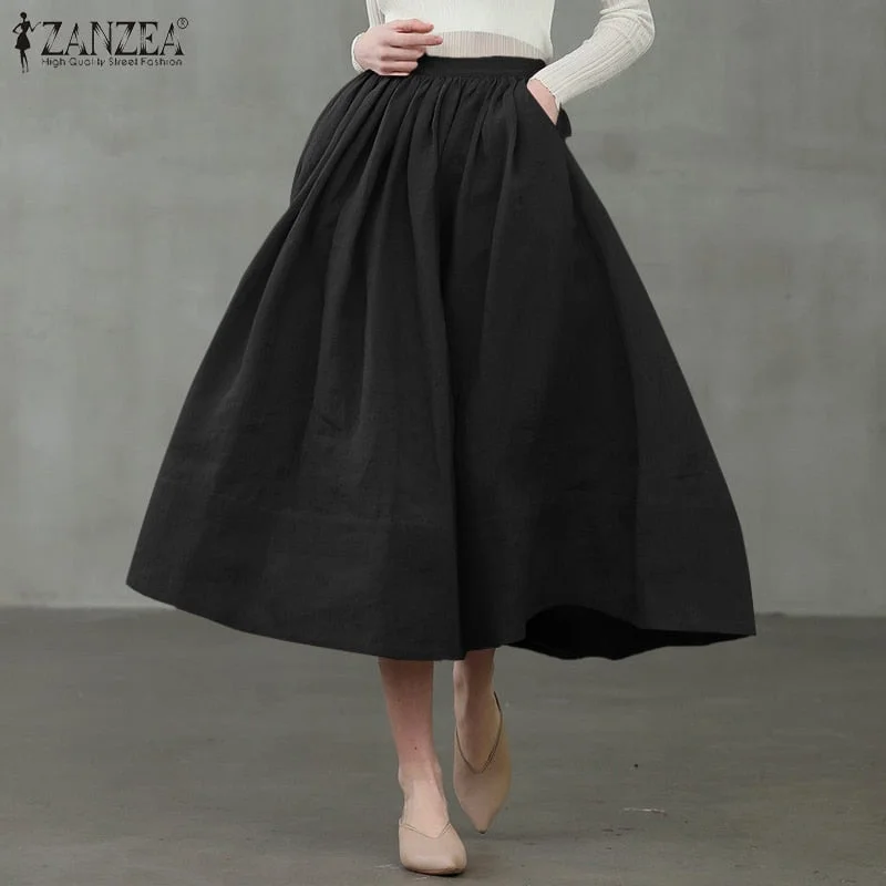 ZANZEA Women Vintage Skirts 2022 Summer Office Lady Midi Skirt Casual Solid A-line Pockets Zipper Oversized Cotton Linen Skirts