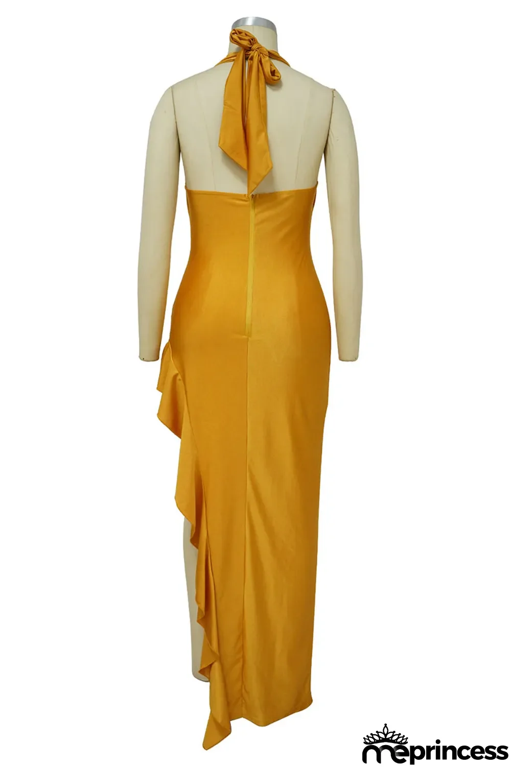 Colorful Blue Sexy Solid Patchwork Flounce Asymmetrical V Neck Evening Dress Dresses