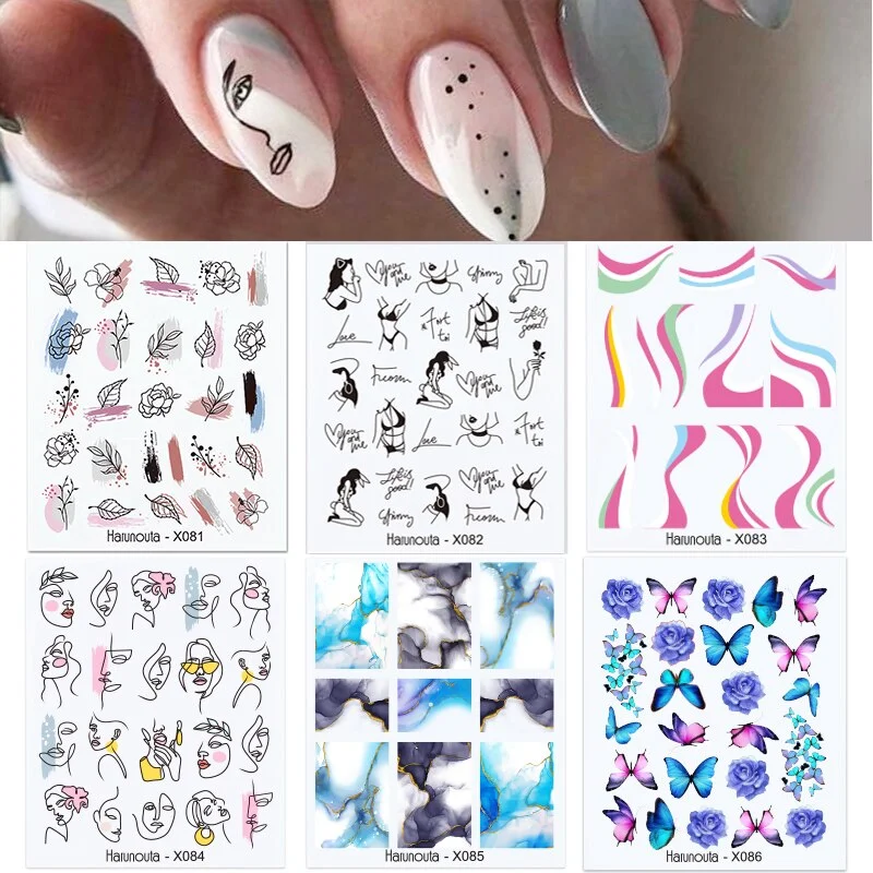 Harunouta 6Pcs Black Leaves Flower Water Decals Dandelion Geometrics Pattern Stickers Sliders For Nails DIY Decoration-Nail Inspo
