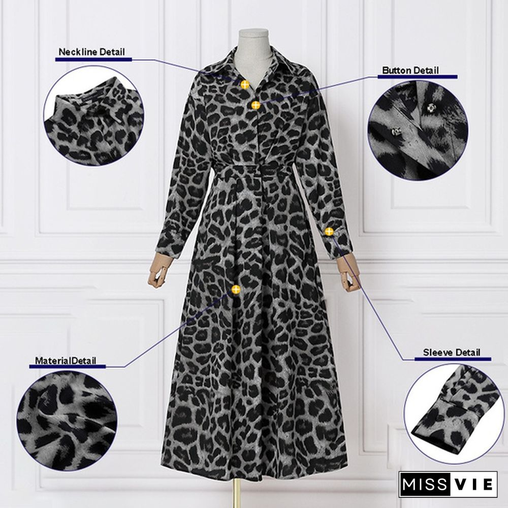 Womens Bohemian Leopard Print Maxi Dress Elegant Full Sleeve Casual Swing Mid-Calf