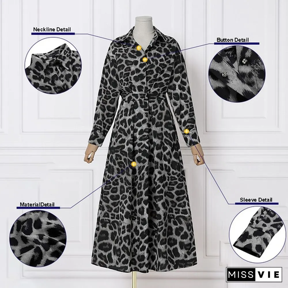 Womens Bohemian Leopard Print Maxi Dress Elegant Full Sleeve Casual Swing Mid-Calf