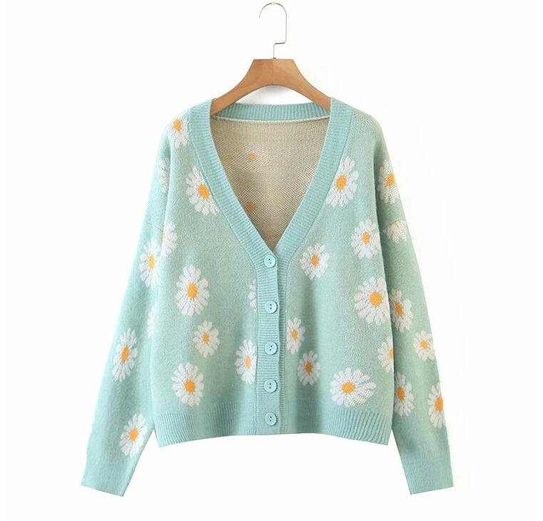 Sweet Button Down Sweater Cardigan Women Loose Knit Coat Autumn Spring Casual Lady Long Sleeve V Neck Floral Outerwear Sweater