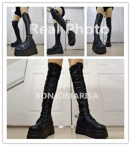 BONJOMARISA Brand Gothic Designer Goth Over The Knee Women Boots Zipper Platform Wedges Thigh High Boots Autumn Ladies Shoes