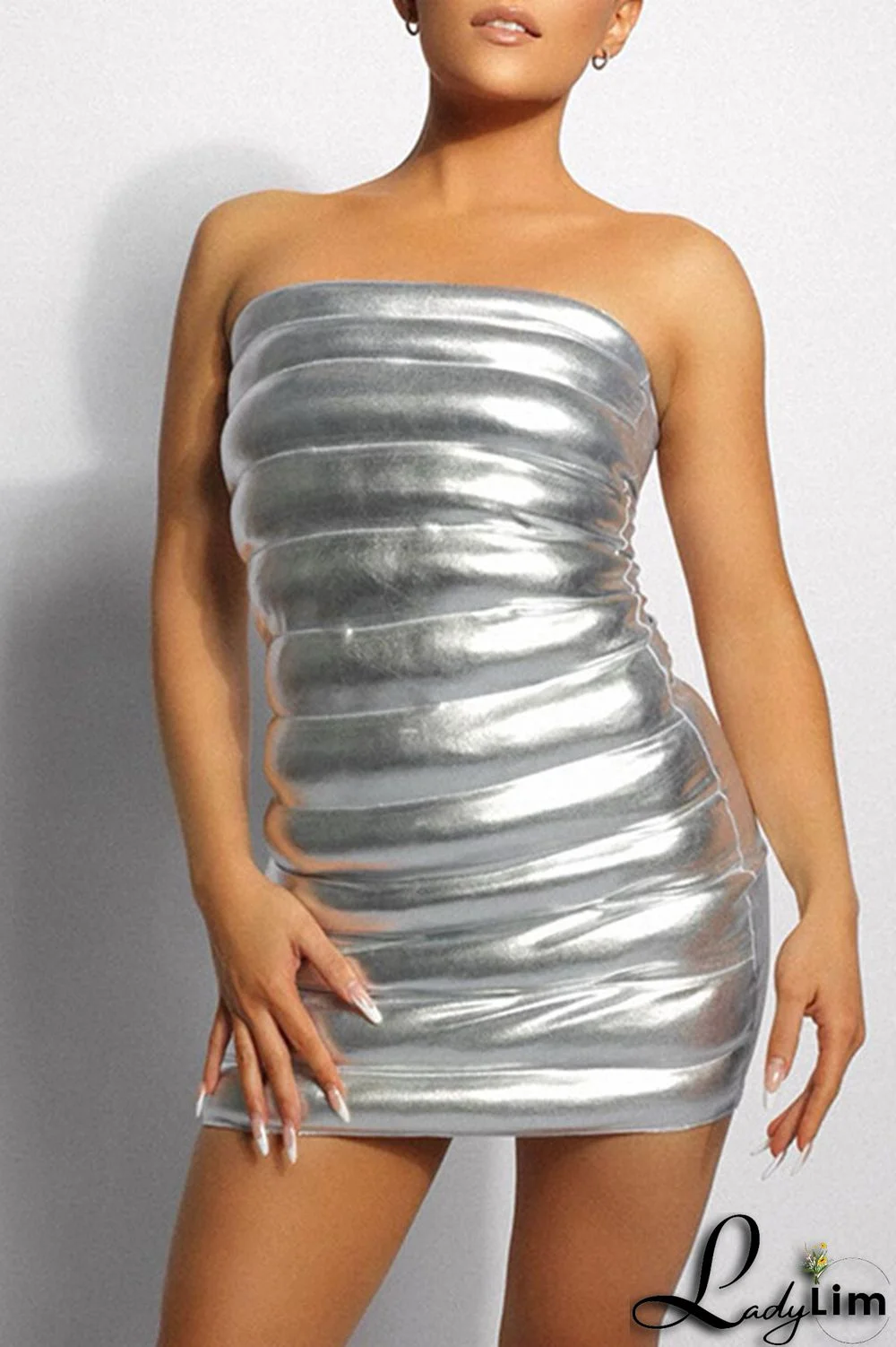 Silver Sexy Street Solid Split Joint Strapless One Step Skirt Dresses