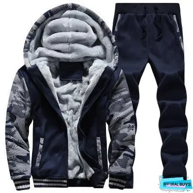 Tracksuit Men Sporting Fleece Thick Hooded Mens JacketPant Warm Fur Inside Winter