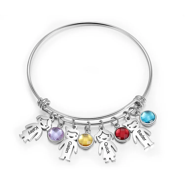 Engraved 4 Name Custom Birthstone Bangle Bracelet with Kids Charms