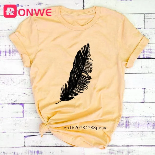 2022 Women Casual Harajuku Fashion T-shirt Feather Print Loose O-neck Short Sleeve Elastic Stretched Summer Home New Tee Shirt