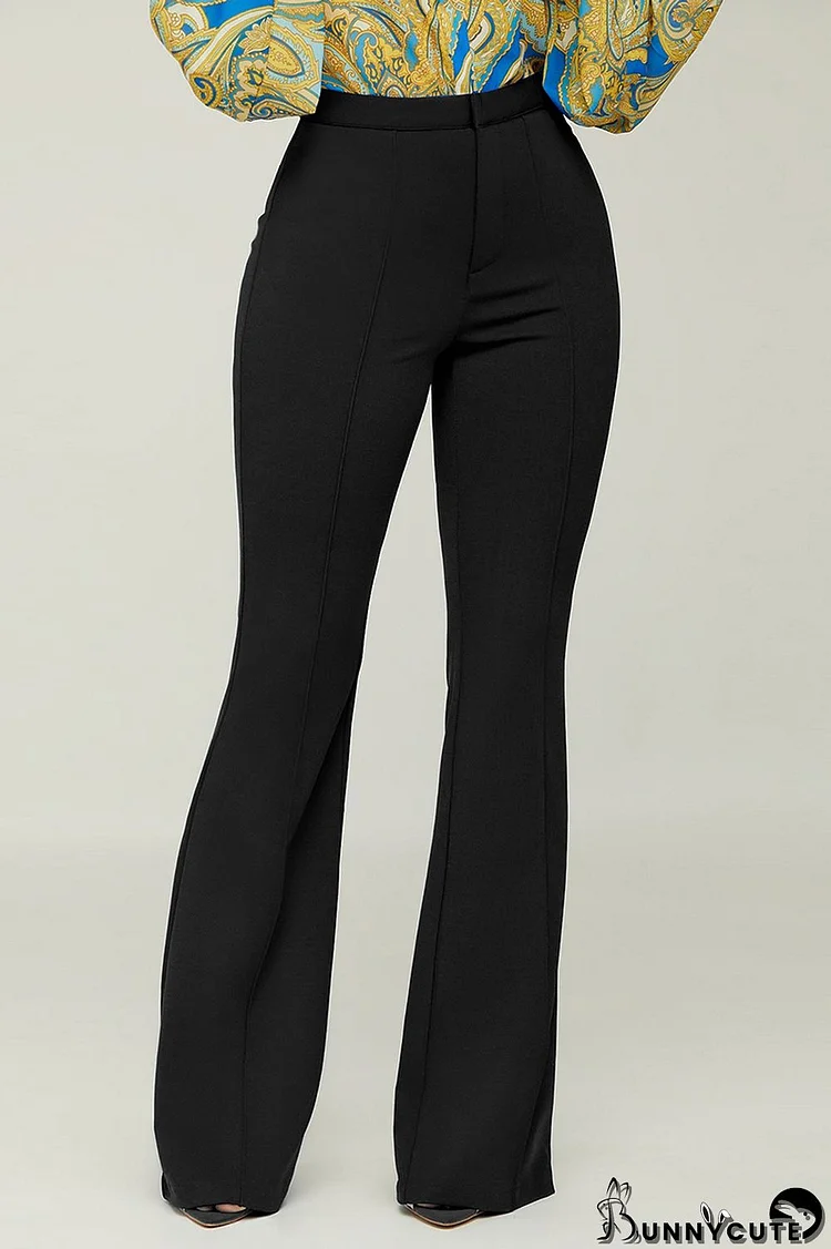 Black Fashion Casual Solid Basic Regular High Waist Trousers