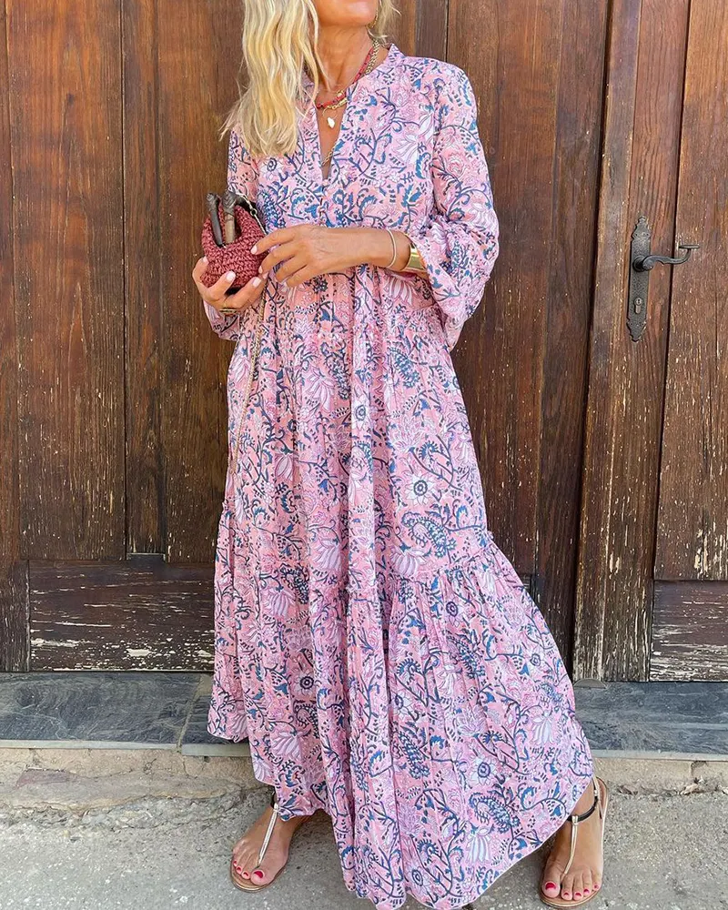 V-Neck Cap Sleeves Boho Printed Maxi Dress