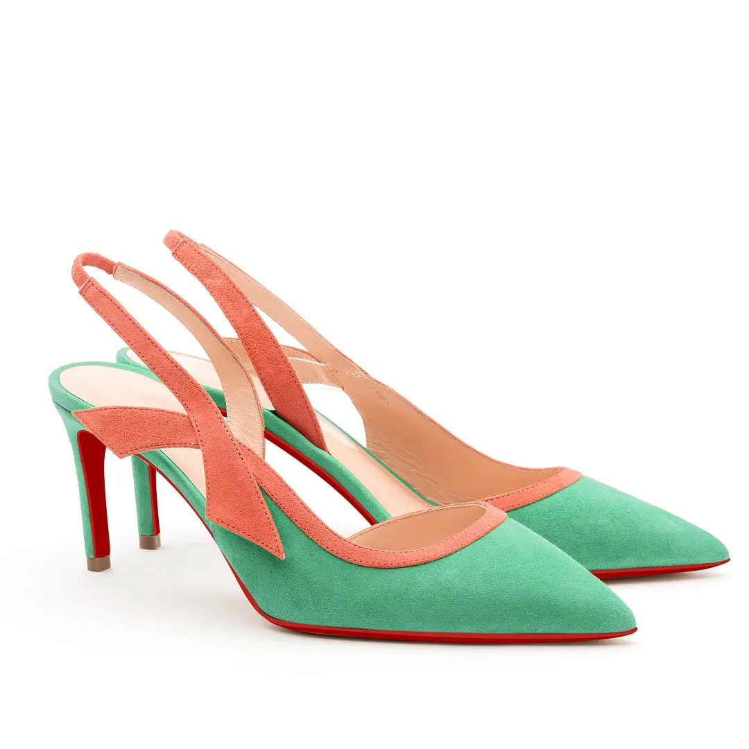 65mm Women's Pointed Toe Stitching Color Kitten Stillettos Slingback Red Bottoms Pumps Sandals-vocosishoes