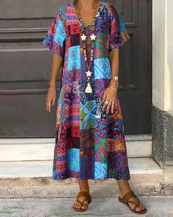 ethnic print v neck plus size vintage dress p591049