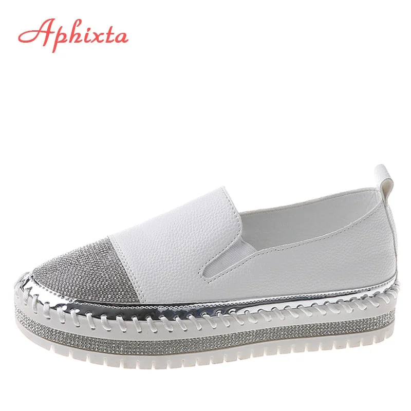 Aphixta Fashion Crystals Luxury Design Flats Shoes Women Hand Sewing Slip-on Flat Platform Footwear Female Loafers