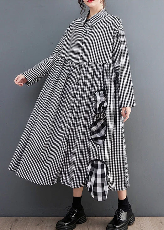 French Black Plaid Button Patchwork Cotton Blouses Dress Fall