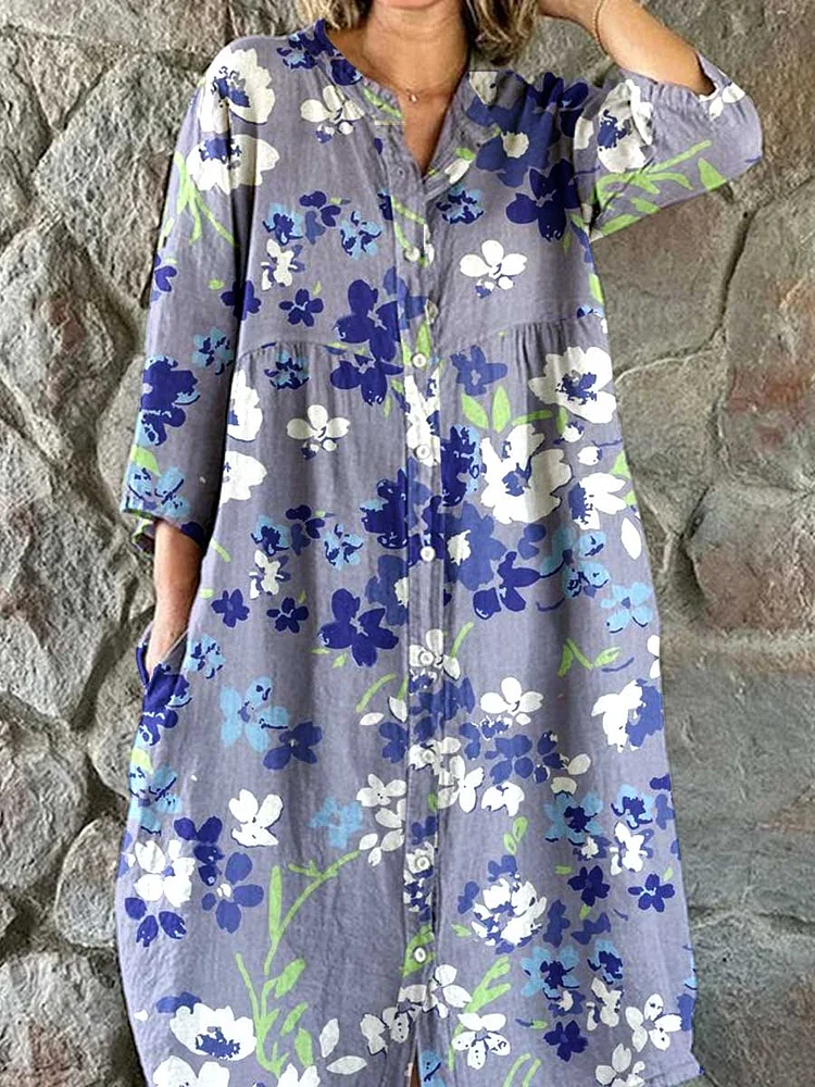 Women's Resort  Art  Floral  Pattern Cotton Shirt Dress