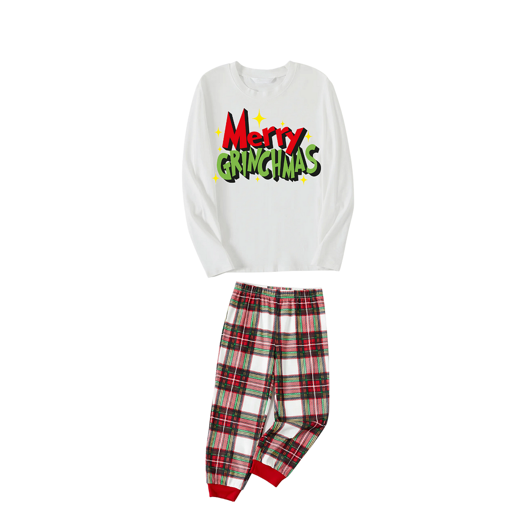 Christmas Merry Grinchmas Letter Printed White Long Sleeve Top with Red & White &Green Plaid Pants Family Matching Pajamas