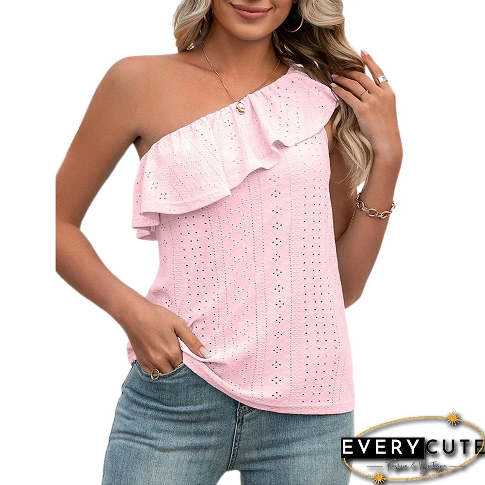 Pink Ruffled One Shoulder Tank Tops