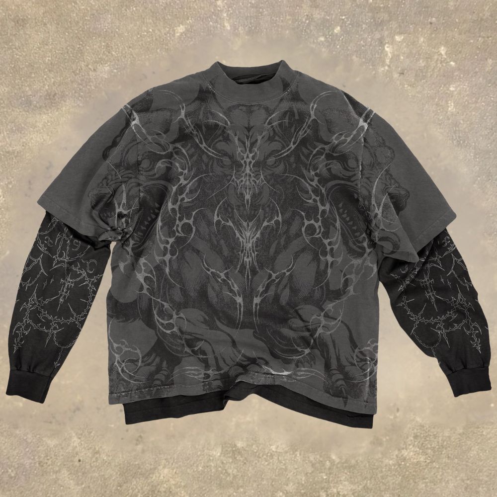 Gothic Beast Print Fake Two-Piece Shirt