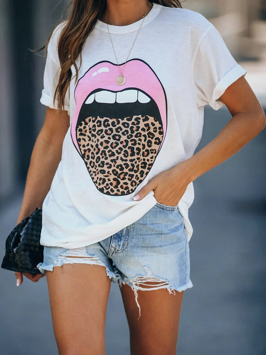 Leopard Tongue Lips Pattern T-shirt