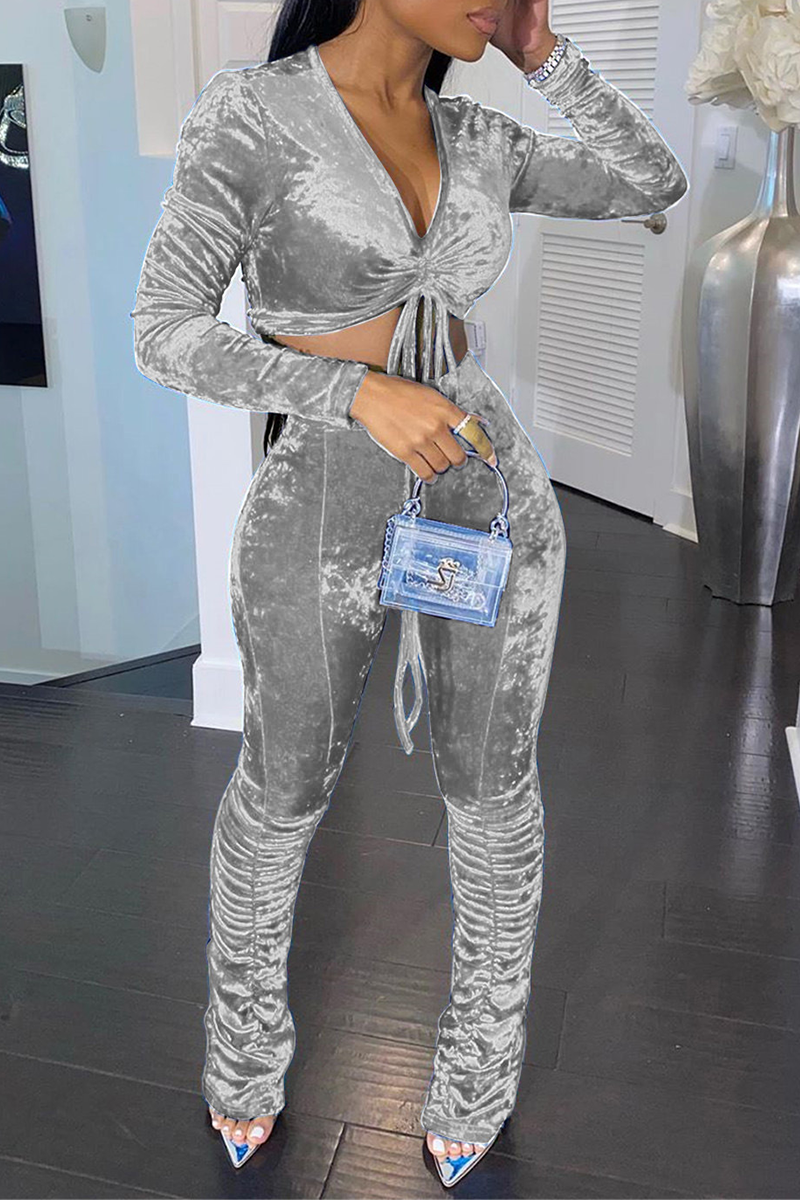 Grey Sexy Solid Patchwork V Neck Long Sleeve Two Pieces | EGEMISS