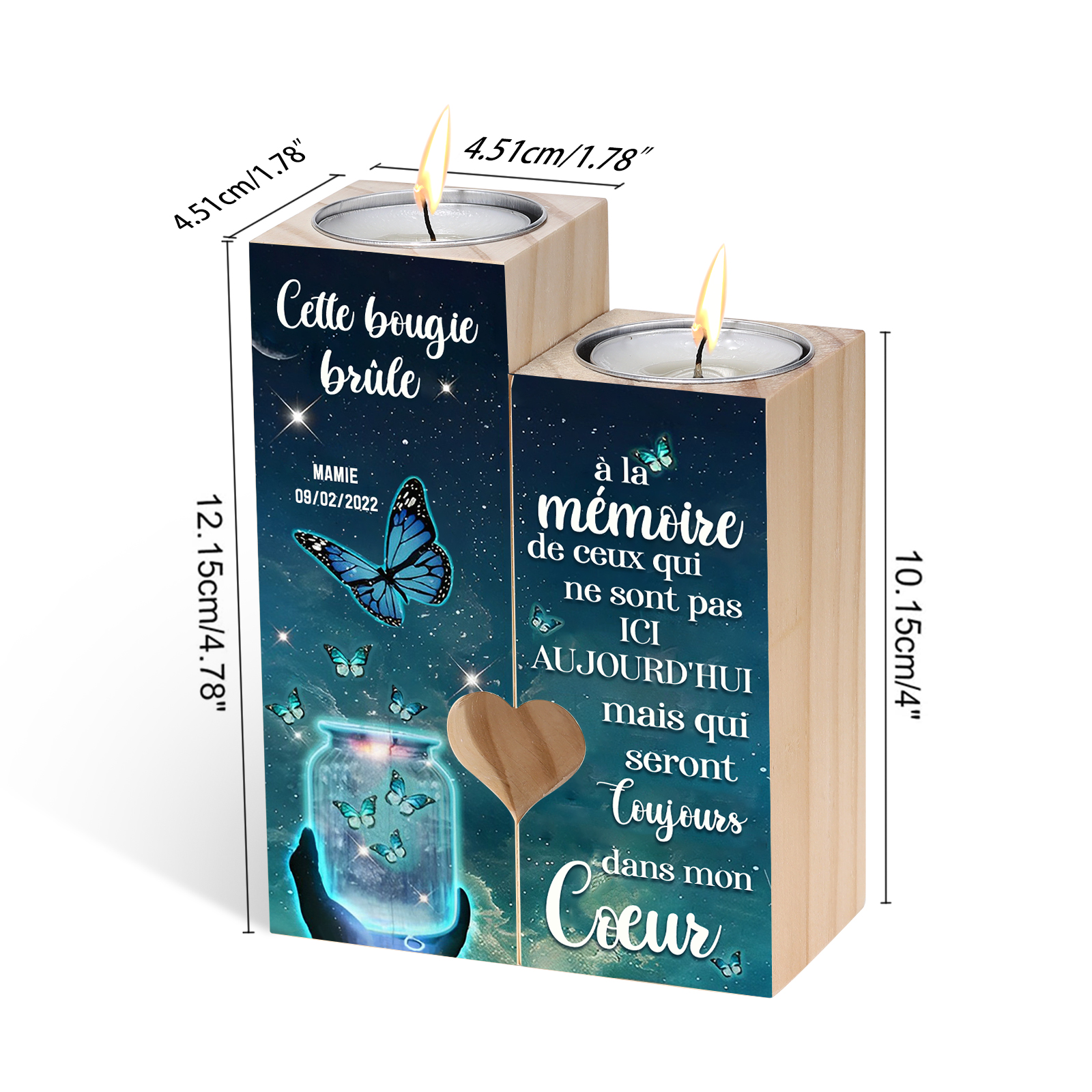 Bougeoir en Bois Commémoratif 1 Prénom Personnalisé avec Date sans bougie