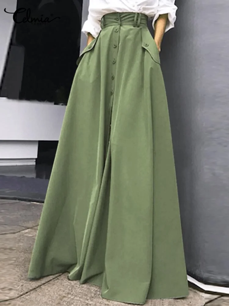 Celmia 2022 A-line Swing Long Skirt Women High Waist Maxi Skirts Elegant Buttons Up Pocket Faldas Fashion Office Lady Solid Jupe