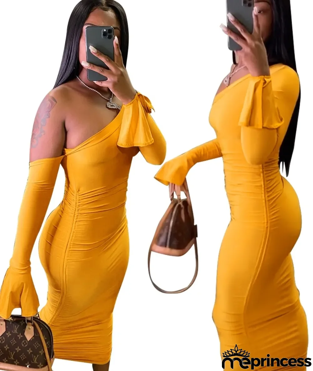 Solid Plain One Shoulder Midi Dress with Full Sleeves