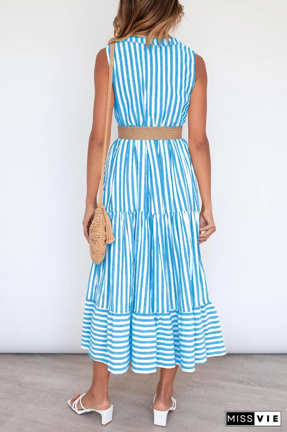 Casual Elegant Striped Flounce Without Belt V Neck A Line Dresses